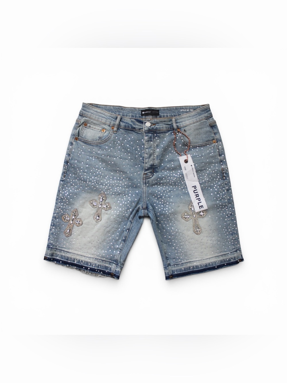 Purple Brand Rhinestone Cross Denim Shorts Light Was